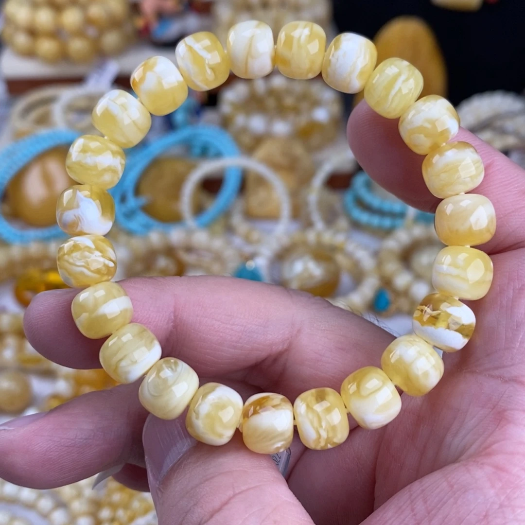 蜜蜡未镶嵌手链金瓷白细纹虎皮10mm