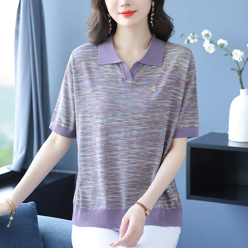 Polo领短袖T恤女士夏装2025新款大码针织衫宽松显瘦薄款冰丝上衣