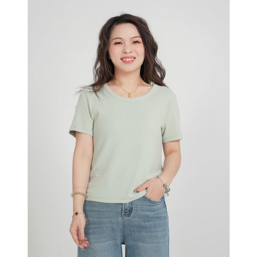 小个子圆圆HP202春夏纯色短袖T恤圆领简约宽松百搭休闲打底衫女