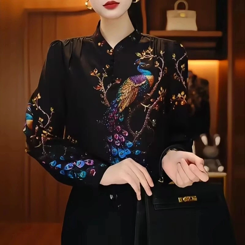 衬衫上衣气质网红轻奢时尚百搭显瘦长袖洋气黑色春季重磅印花ins