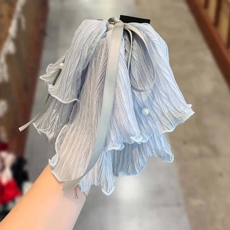 韩国海盐蓝日常网纱丝带蝴蝶结马尾抓夹珍珠点缀高颅顶固定发夹女