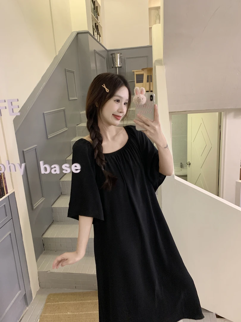 大码睡裙女薄款过膝裙纯色夏季女休闲宽松方领透气中长款短袖显瘦