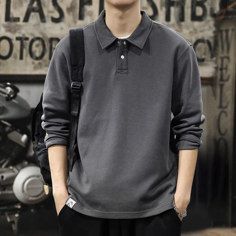 春秋新款高级感纯色长袖T恤男Polo衫男款打底潮牌翻领上衣体恤衫