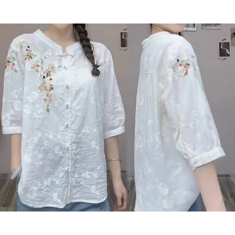 新中式盘扣刺绣提花中袖衬衫女2025夏季新款减龄百搭显瘦小衫上衣