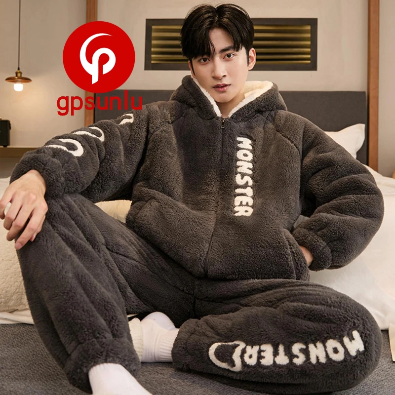 gpsunlu珊瑚绒男士睡衣秋冬加绒加厚保暖加大码保暖家居服套装