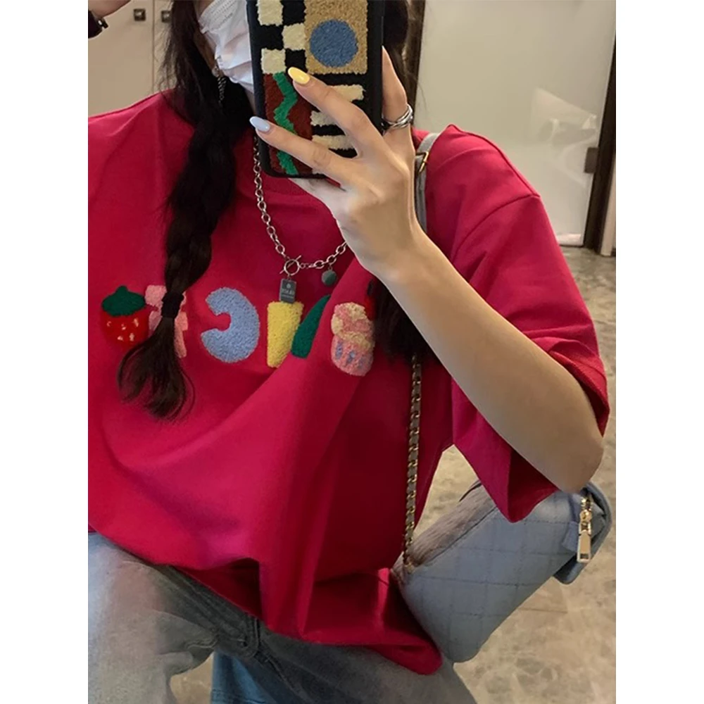 KC韩版字母刺绣少女粉色宽松显瘦短袖女夏季小众设计休闲T恤上衣