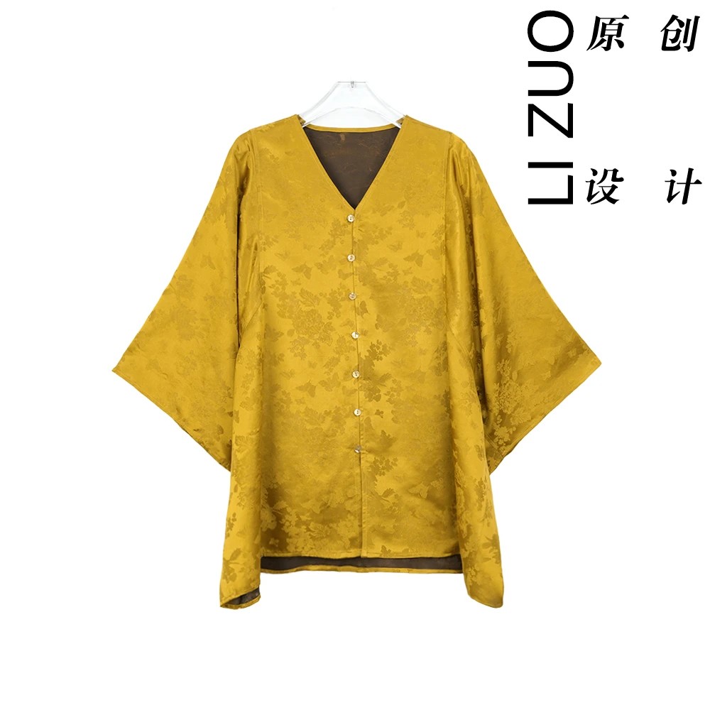 大码胖mm国风新中式28姆米花萝香云纱圆领七分袖开衫上衣9600