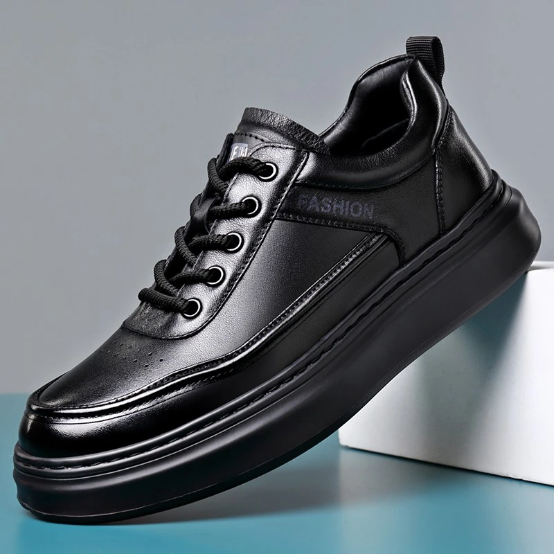 男鞋2025秋季新款真皮黑色板鞋潮流时尚百搭休闲鞋厚底增高皮鞋男