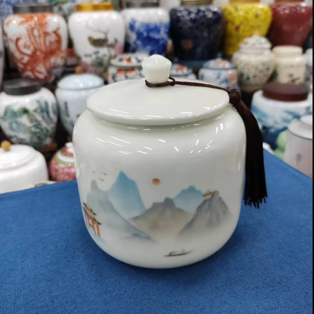 羊脂玉瓷山水圆筒茶叶罐储物罐