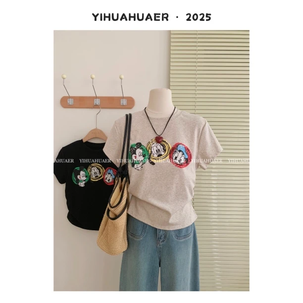 东大门韩系时尚潮流夏款刺绣掐腰显瘦印花圆领卡通休闲T恤3170