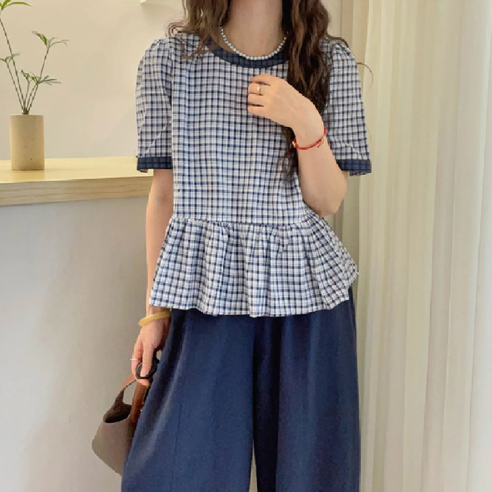 韩版时尚复古夏季新款宽松圆领撞色短袖格子棉质减龄百搭显瘦衬衫