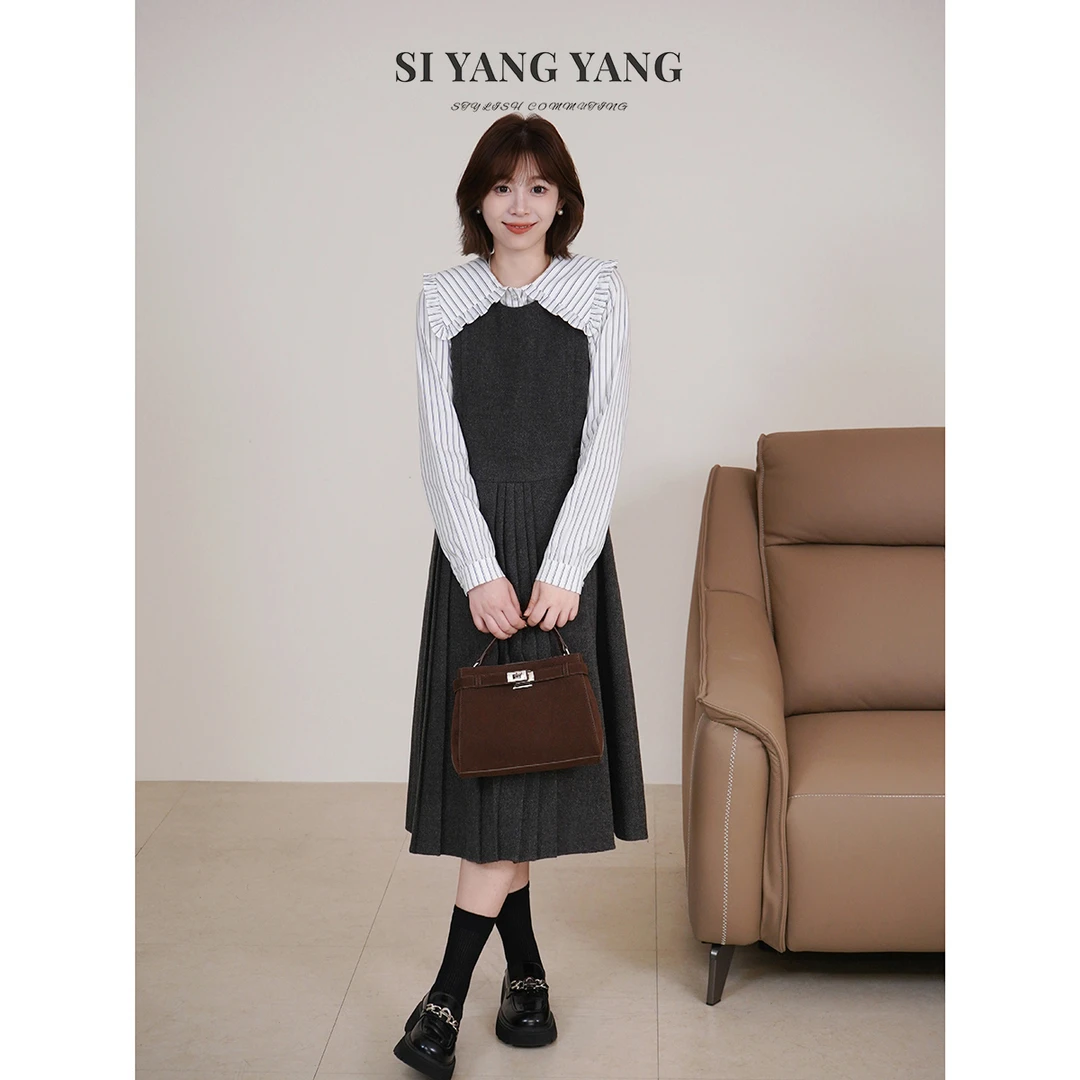 斯洋洋SIYANG人字纹呢料冬季长裙通勤背心连衣裙LYQ510A020SYY