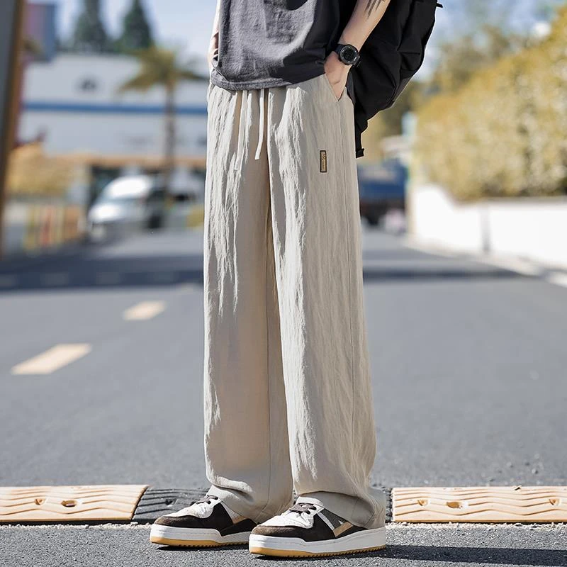 莱赛尔天丝休闲裤男士新款夏季薄款亚麻阔腿裤美式宽松直筒长裤潮