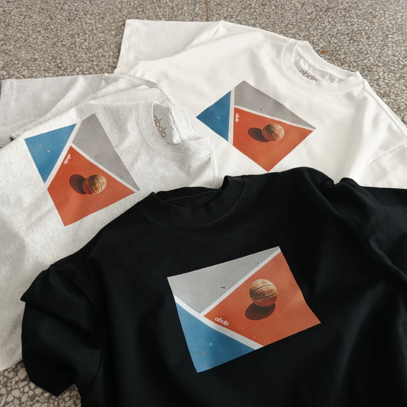 ABDP美式男士运动休闲宽松短袖T恤复古重磅小领口棉质印花250g