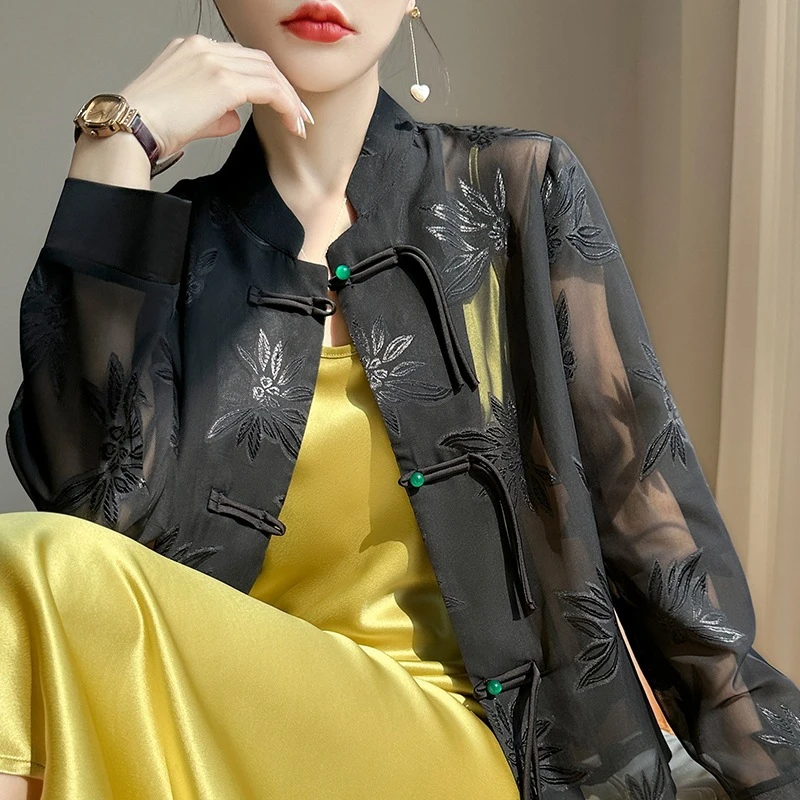 新中式高级感长袖旗袍领衬衫女国风气质时尚西装短款上衣防晒外套