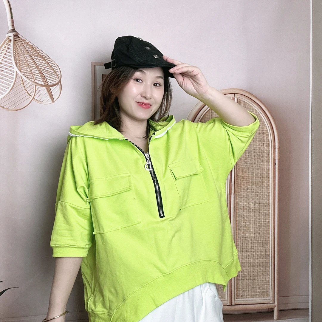 26353薇拉欧货春夏新款百搭拉链帽衫7分袖 带兜显瘦T恤