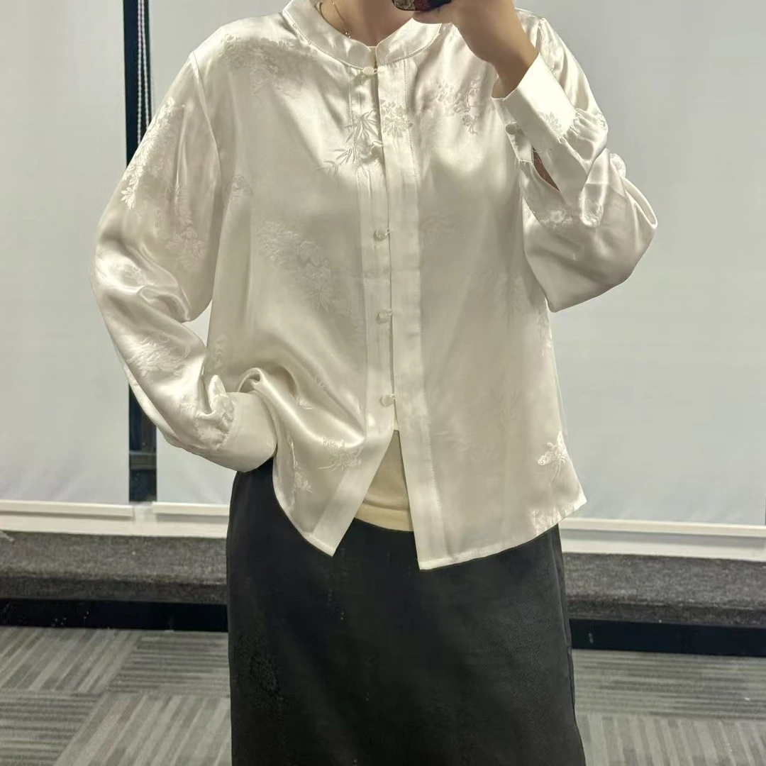 100%桑蚕丝！大王缎立领白衬衣