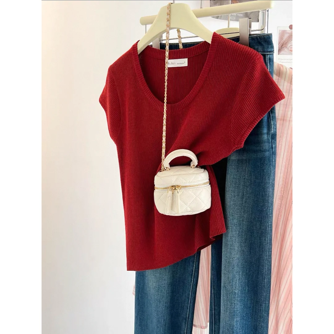 【7柒同款】短款纯色法式毛针织打底短袖