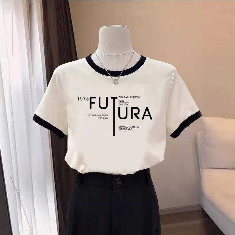 2025新款正肩拼色纯棉T恤女时尚百搭设计感显瘦短袖上衣薄款夏季