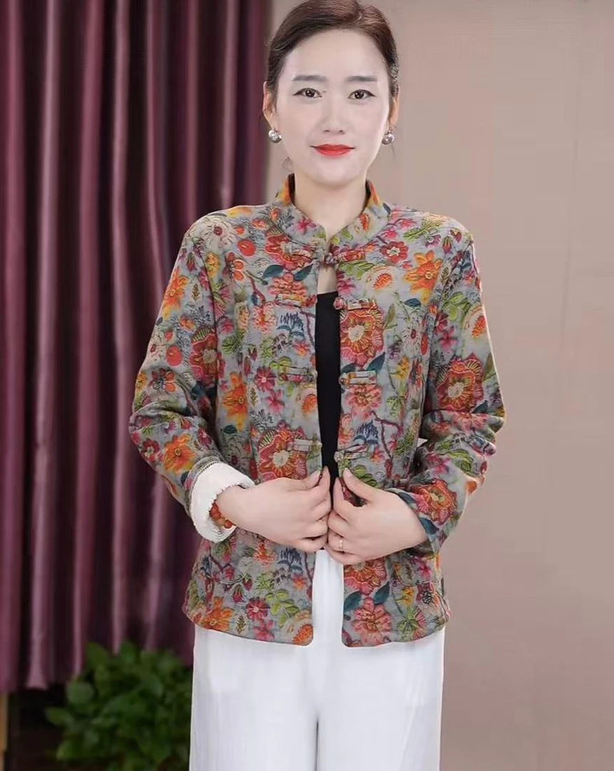 2025新款显瘦碎花立领中老年加绒女装洋气妈妈装秋冬盘扣厚外套