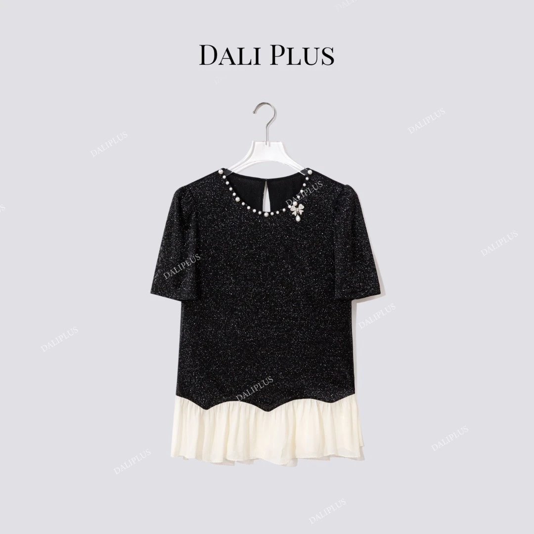DALI PLUS “珍珠繁星T恤”凉感醋酸拼接桑蚕丝下摆短袖-D5XH0042