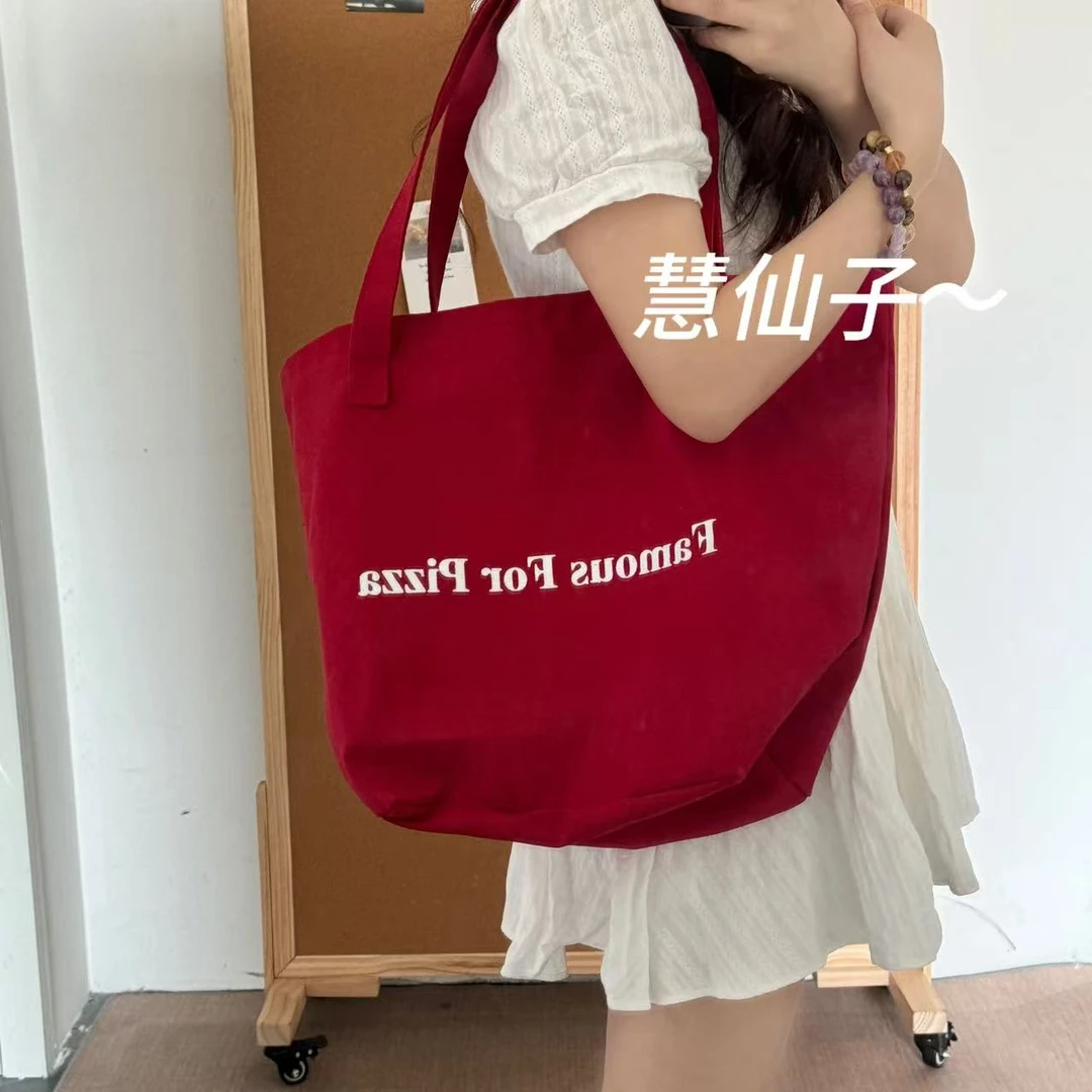 小个子红色百搭女包学生通勤单肩大容量字母帆布休闲简约旅行包