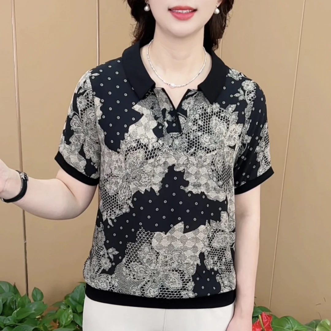 夏季新款时尚翻领中老年气质妈妈装宽松显瘦休闲薄款短袖上衣K732