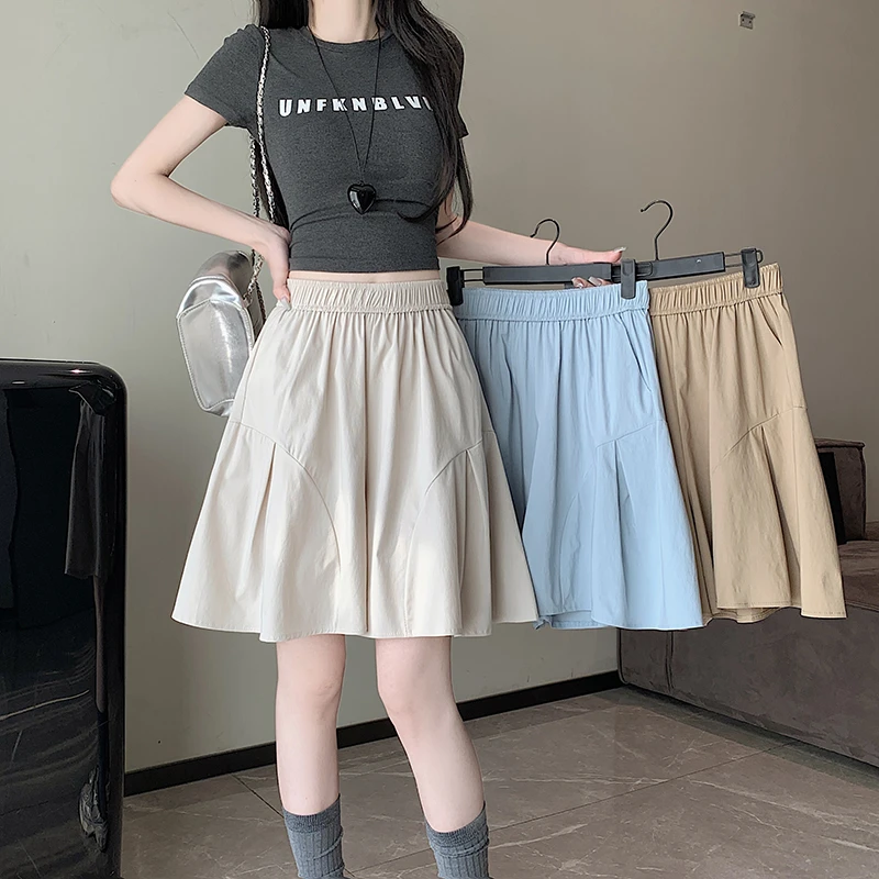 夏季新款弹力冰凉胖MM遮肉时尚拼接休闲五分短裤高腰阔腿裙裤百褶