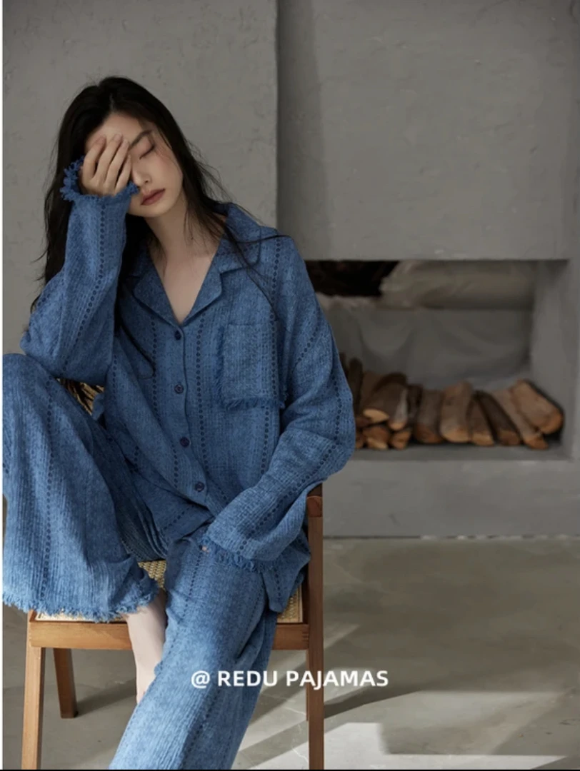 春秋新款睡衣带胸垫简约高级感云朵棉长袖长裤女士时尚家居服套装
