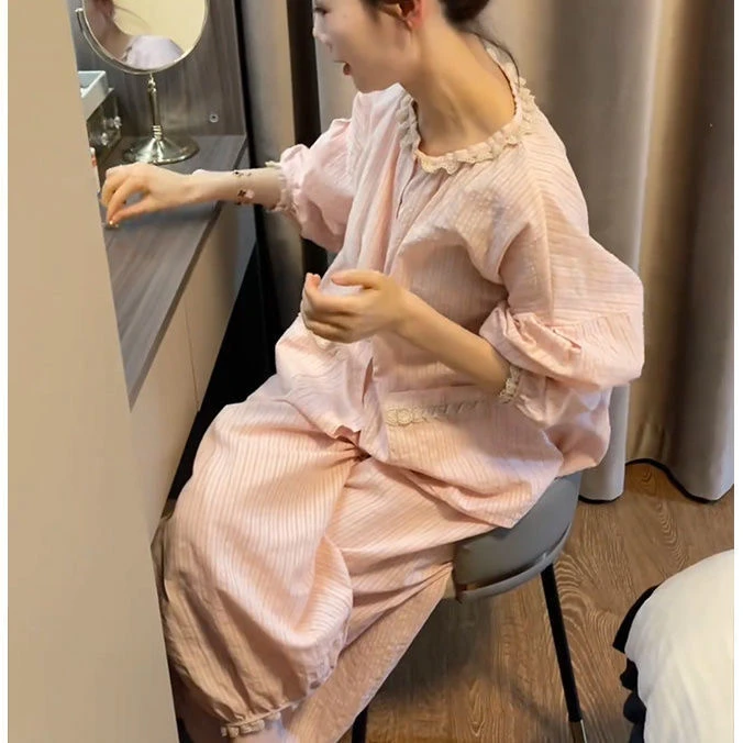 新款条纹睡衣女春秋季长袖韩版薄款家居服套装ins风学生可外穿秋