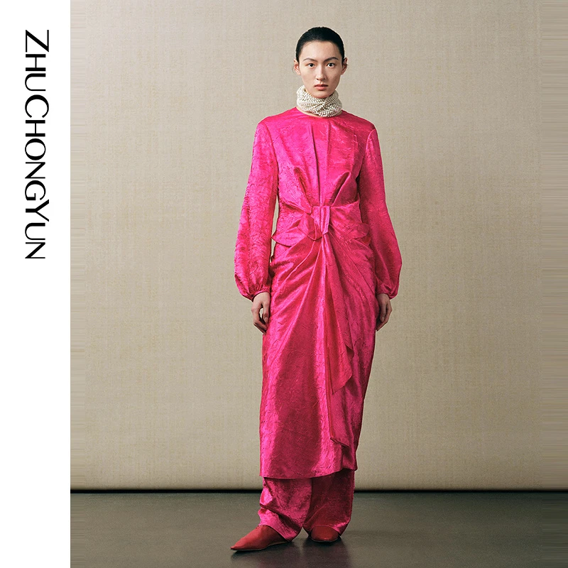 【花语情笺】ZHUCHONGYUN2025秋新款花苞型收腰廓形连衣裙C1FZ30956