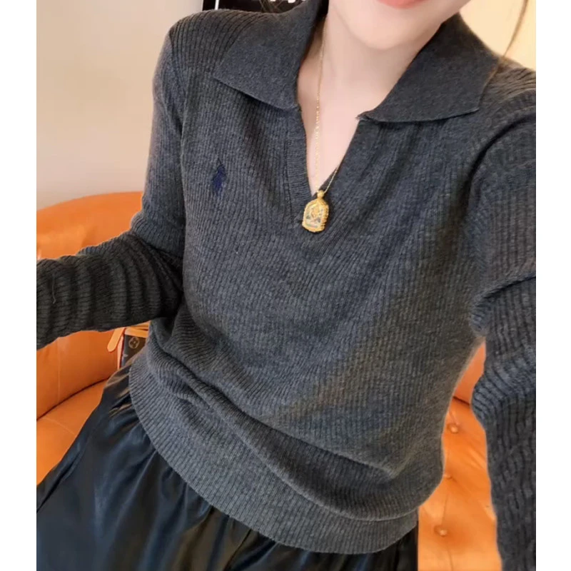 大码2025年早秋新款POLO领长袖针织衫女小个子穿搭显瘦毛衣打底衫