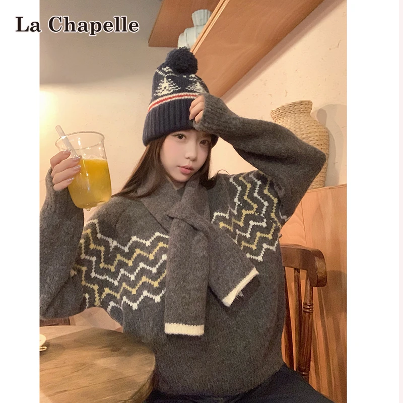 拉夏贝尔韩版费尔岛提花减龄毛衣女秋冬季复古插肩圆领针织衫上衣