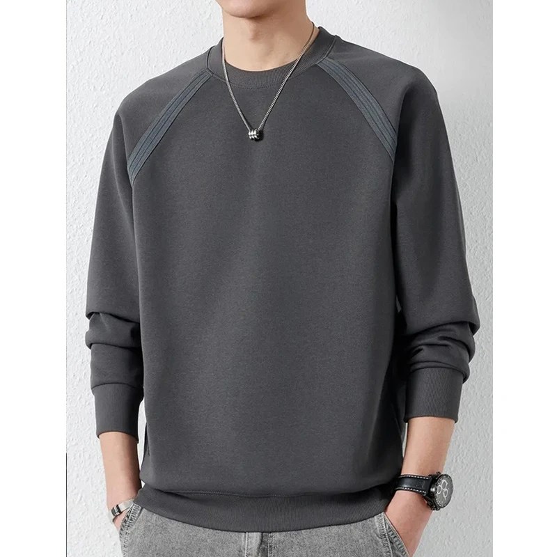 2025秋冬季圆领套头卫衣纯色休闲宽松男插肩袖百搭时尚简约潮流