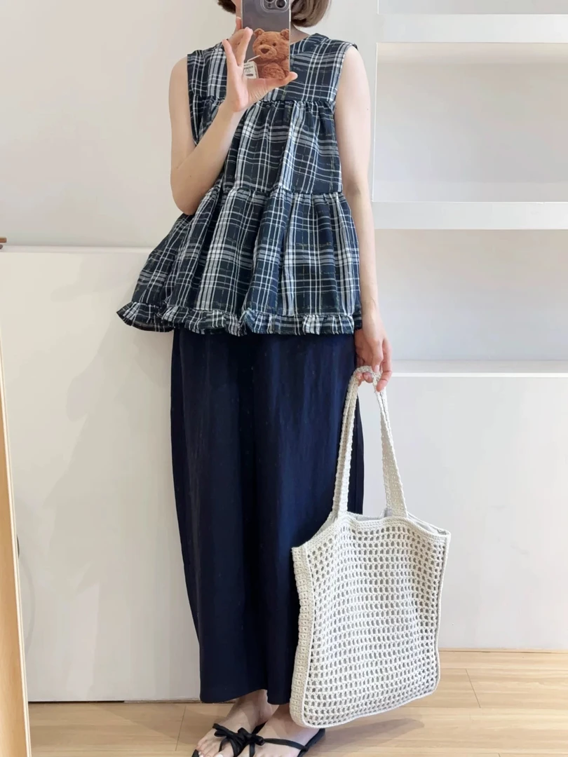 复古格子上衣～圆领无袖设计感后背系带慵懒休闲格子衬衫HF2513