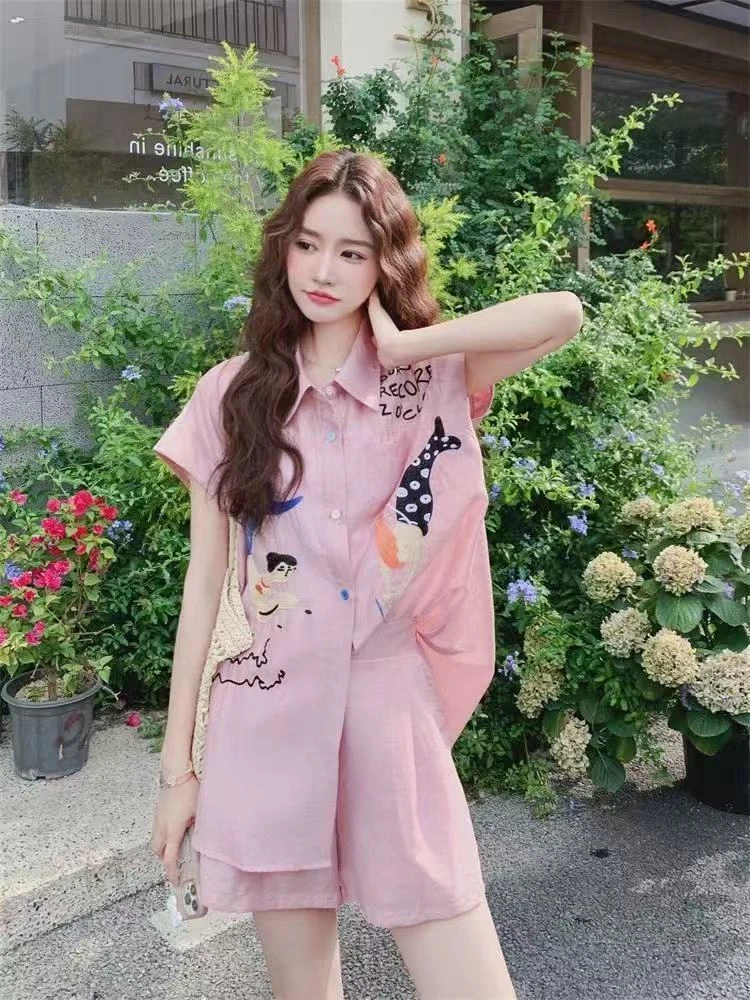 【人鱼恋歌】粉色衬衫短裤套装女夏流行巨好看流行两件套