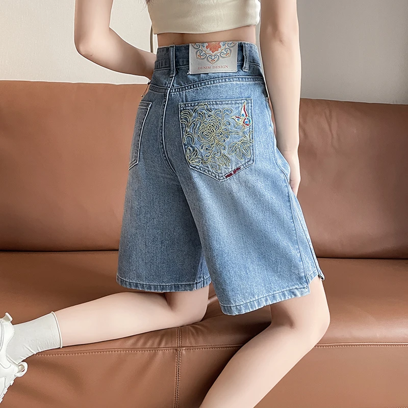 浅色高腰五分牛仔短裤女2025夏季新款宽松显瘦百搭绣花5分裤中裤