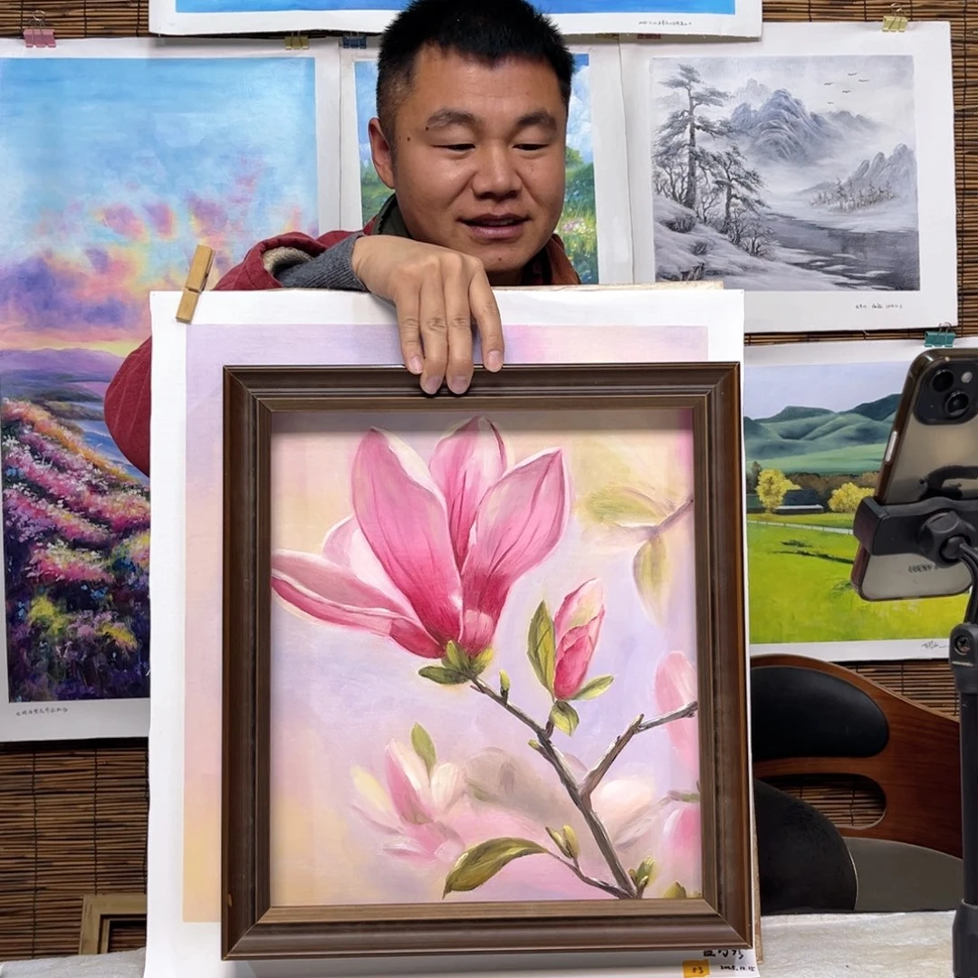油画行路人小院绘画作品