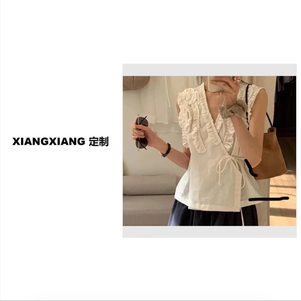 香香老板娘定制花边V领系绳上衣#6217