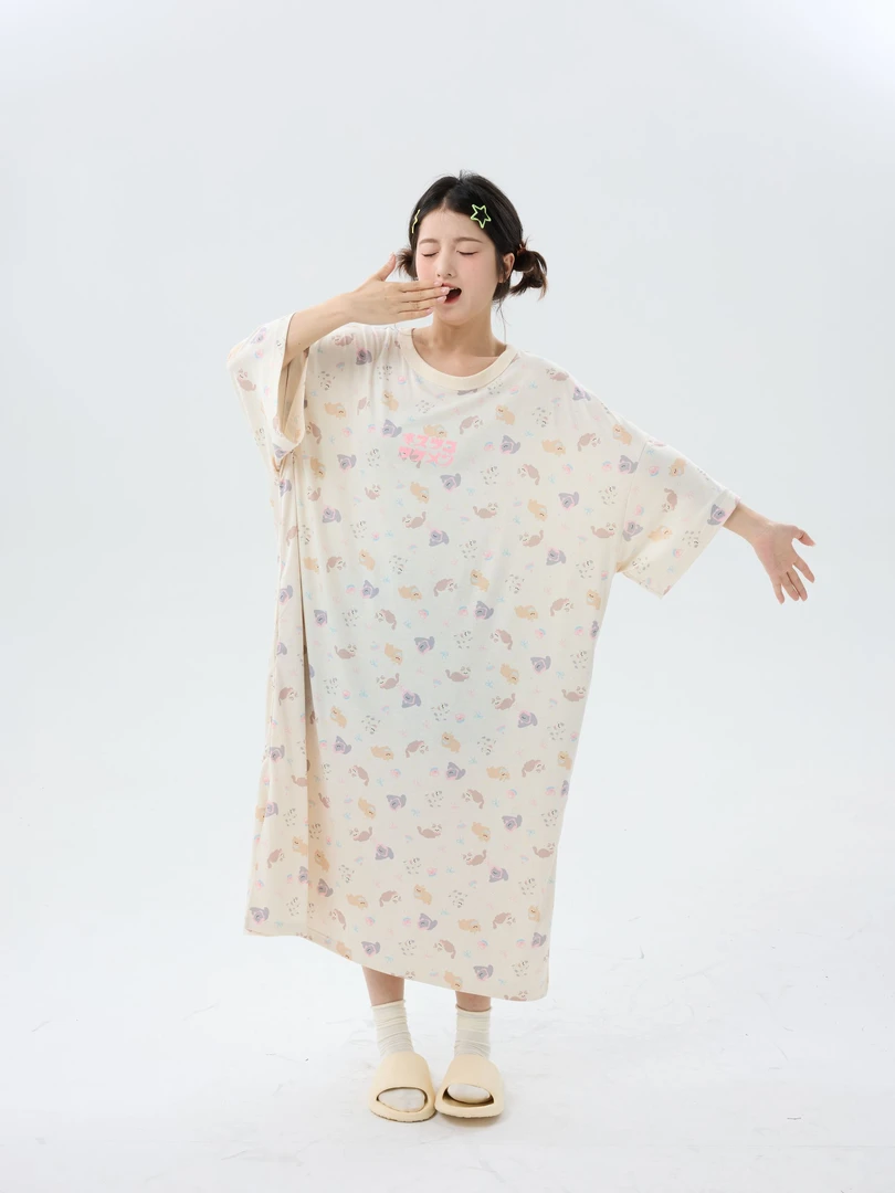 【水曜日】夏季趣味印花半袖连体睡衣家居服加大加长圆领睡裙女款