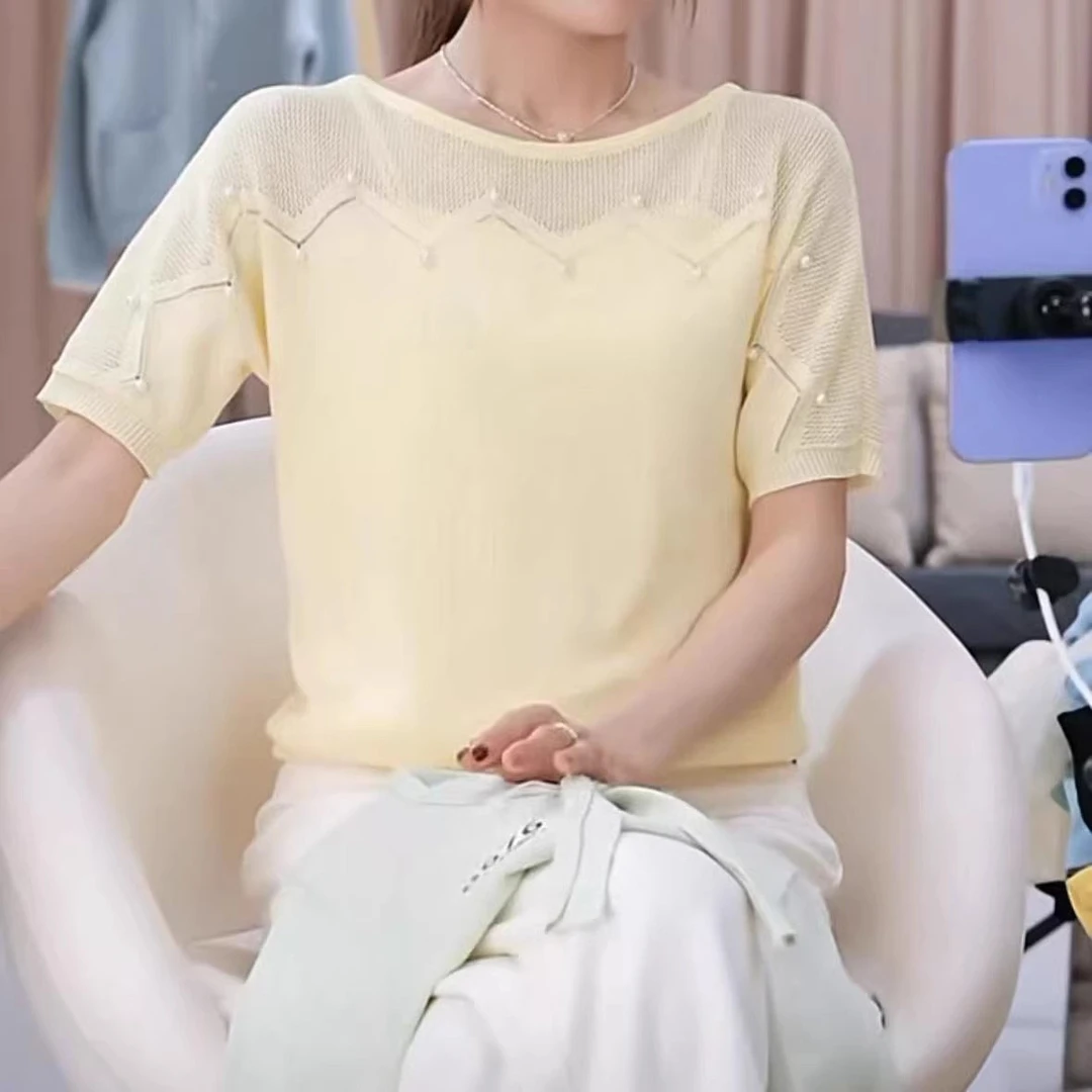 2025夏季新款小清新洋气百搭针织短袖T恤女时尚宽松百搭圆领上衣