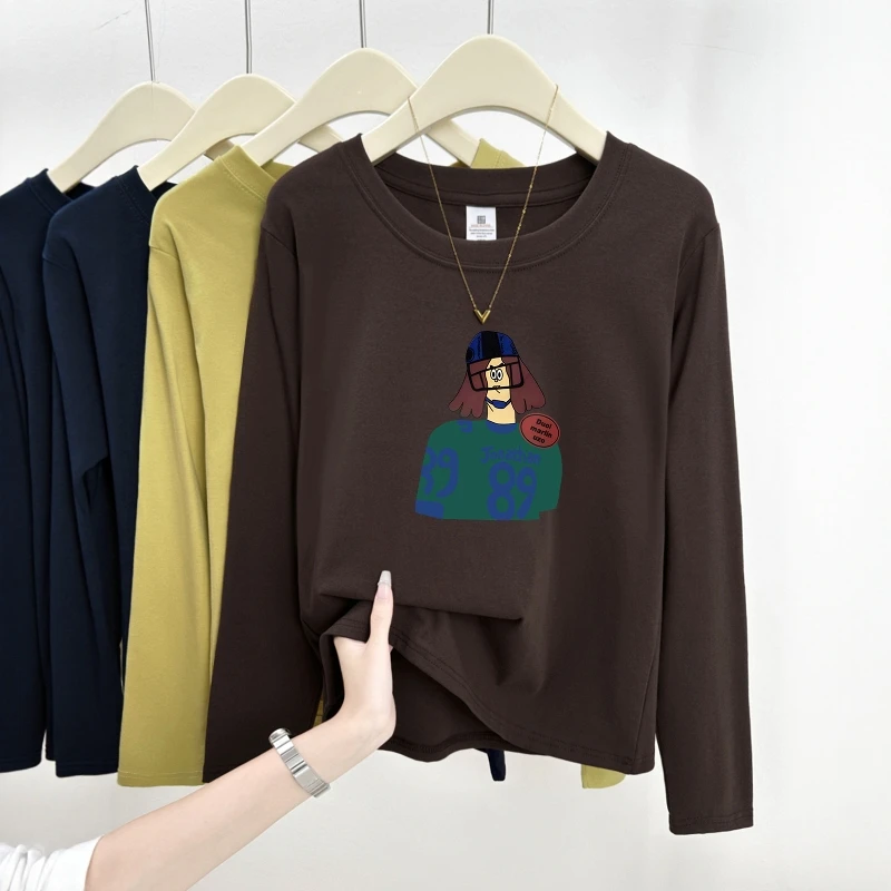 趣味印花秋冬2025新款正肩圆领长袖T恤女学院风设计感百搭上衣ins