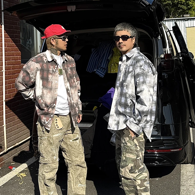 白鹤大人美式做旧泛白格子衬衣外套男女春秋长袖潮牌百搭宽衬衫