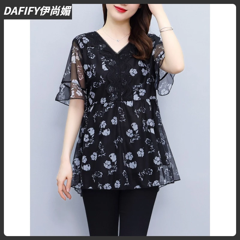 1短袖印花雪纺衫女夏季2025大码漂亮时尚妈妈遮肚子漂亮上衣I