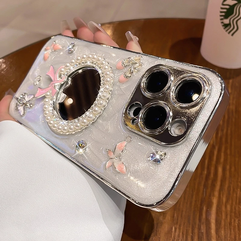 珍珠补妆镜苹果16promax手机壳适用iphone15pro高级感14闪钻13/12