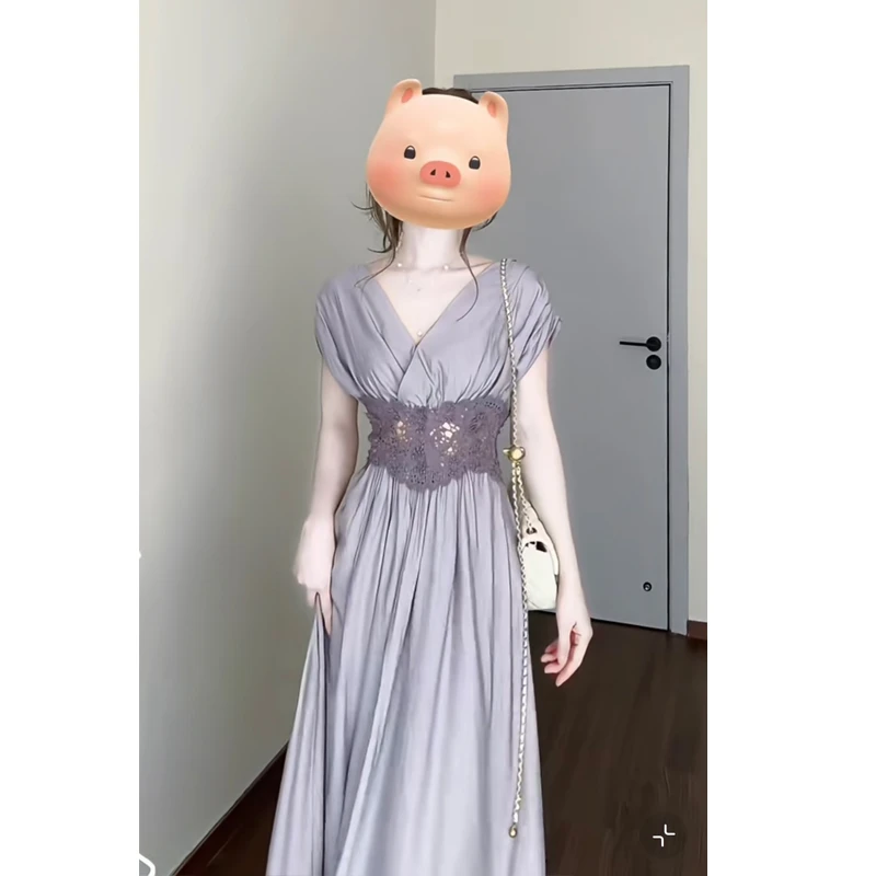大码【阿狄丽娜】自制复古油画感蕾丝拼接收腰无袖连衣裙法式长裙子