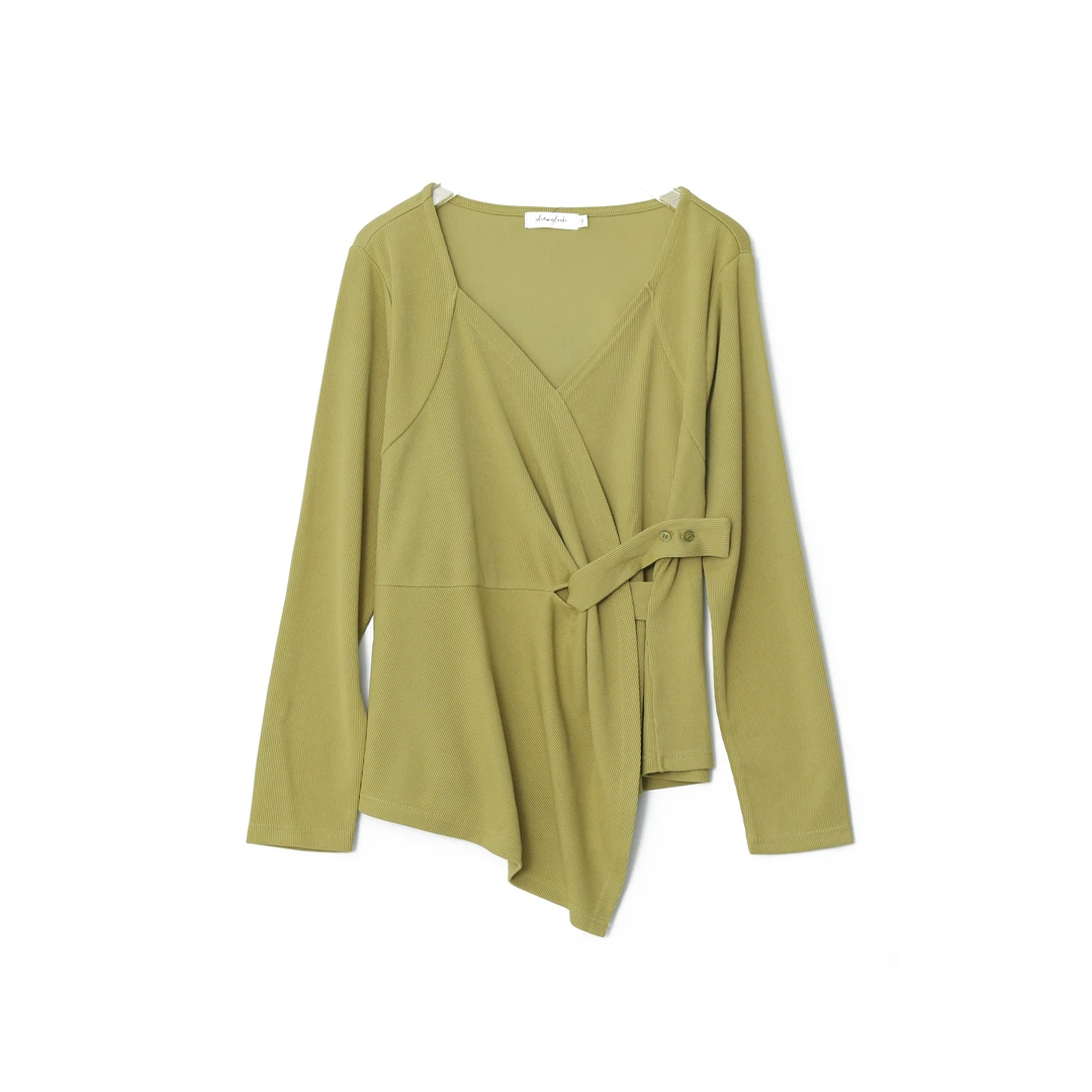 【狂欢价】W990胖MM小众温柔系显瘦V领系带不规则衣摆上衣 打底衫