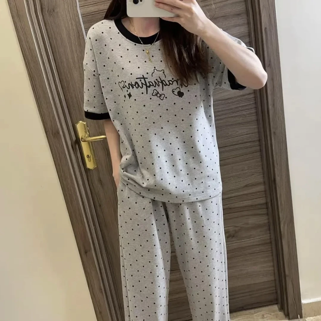 【拍一发三】睡衣女夏季纯棉短袖长裤带胸垫圆领休闲舒适家居服套装