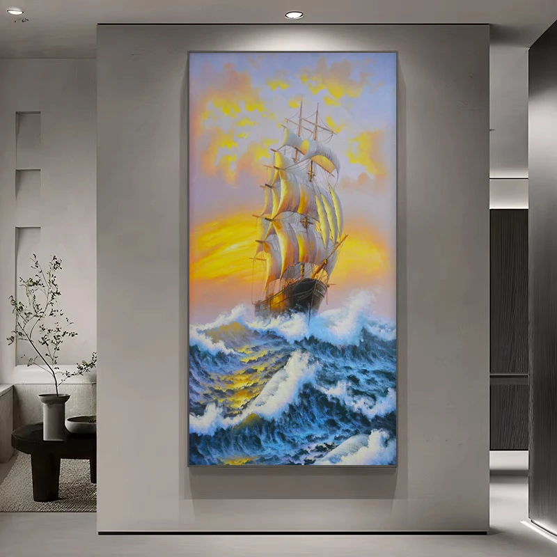 乘风破浪玄关装饰画走廊过道挂画风生水起砂岩画入户寓意好油画