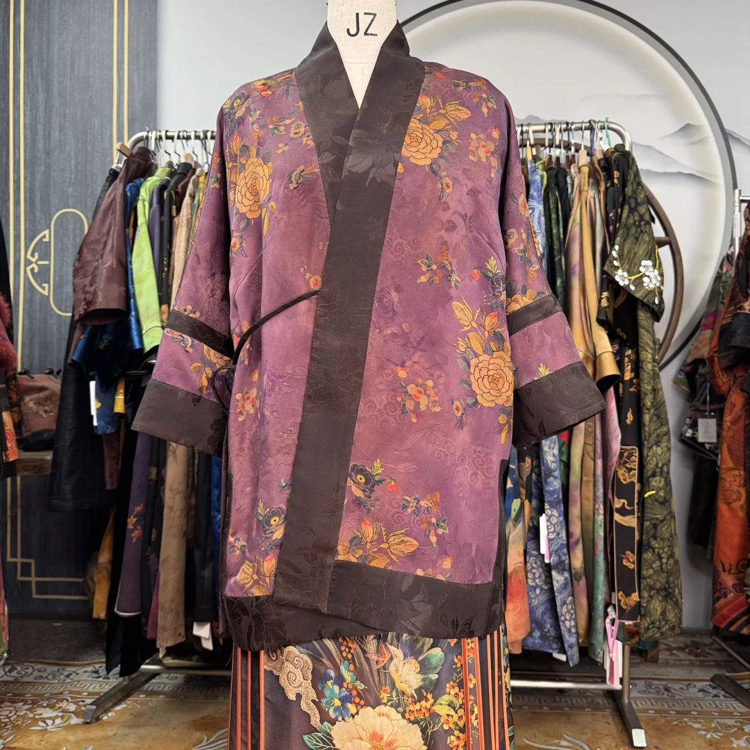 60姆米紫色牡丹花汉服款外套100桑蚕丝香云纱面料中国风